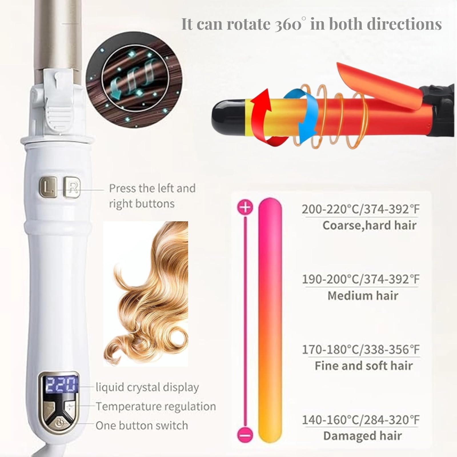 Dopheuor curling wand LCD temperature readout for personalized heat control.