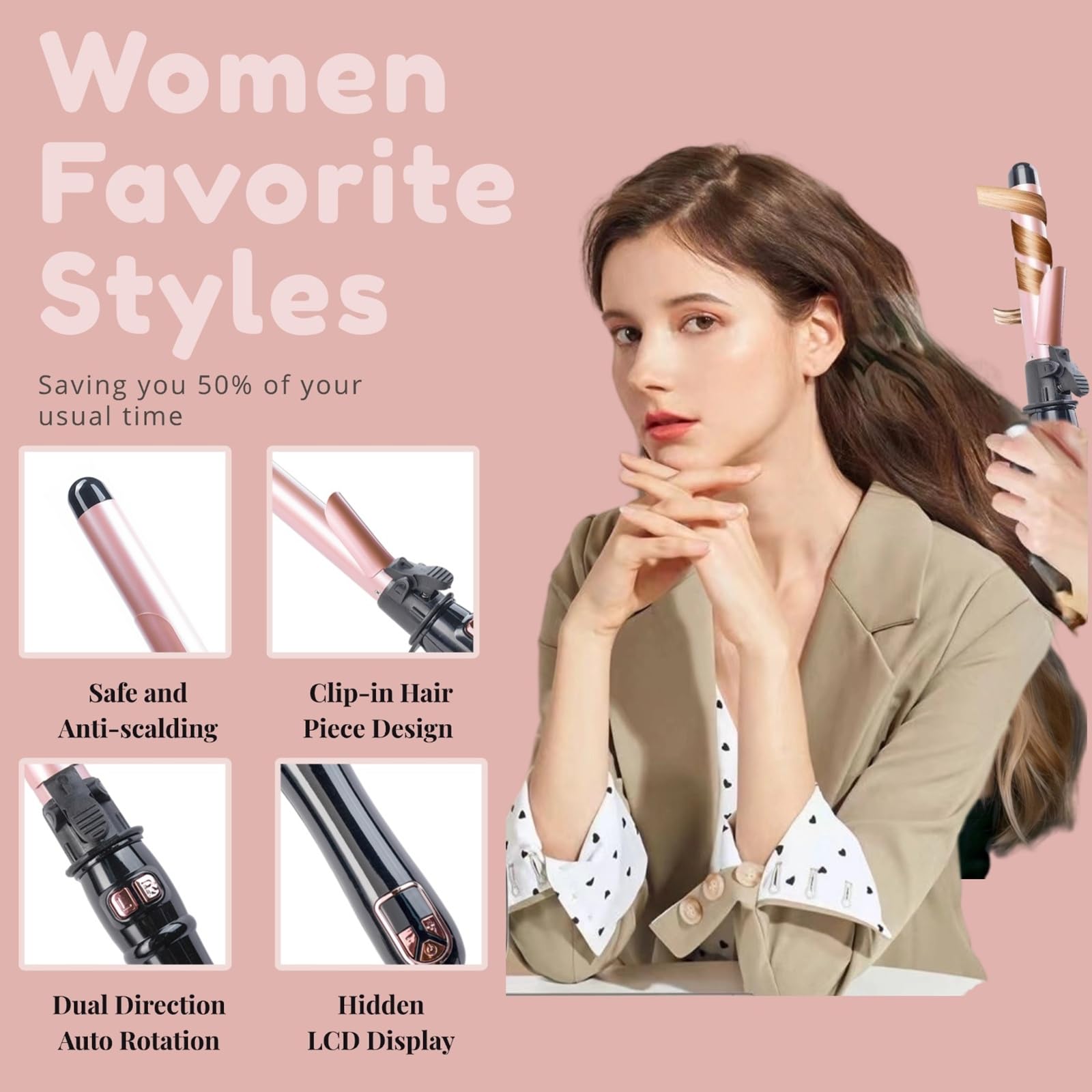 Dopheuor rotating curling wand LED display close-up shows precise temperature control