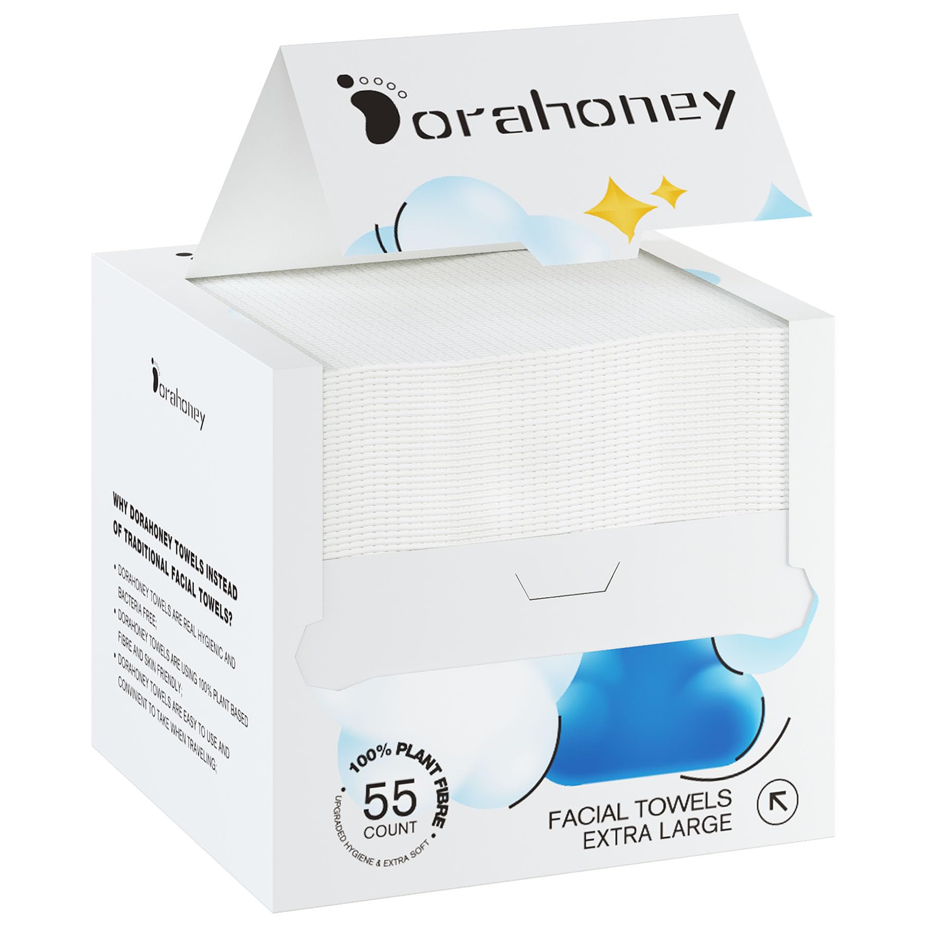Dorahoney disposable face towels 12x12 coverage showing ultra soft cleansing for sensitive skin