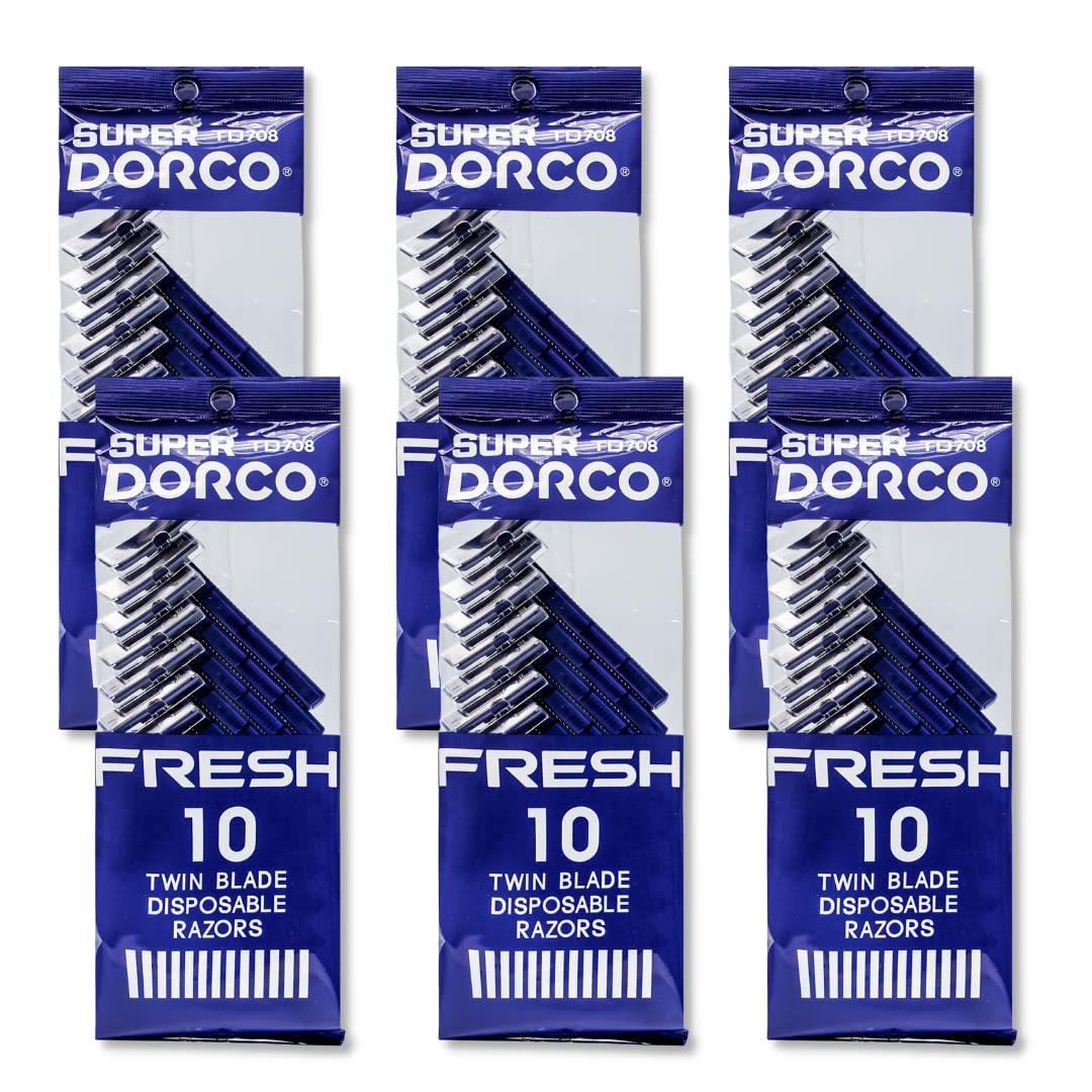 Dorco Fresh Twin Blade Razor package shows 60-count supply for easy home grooming.