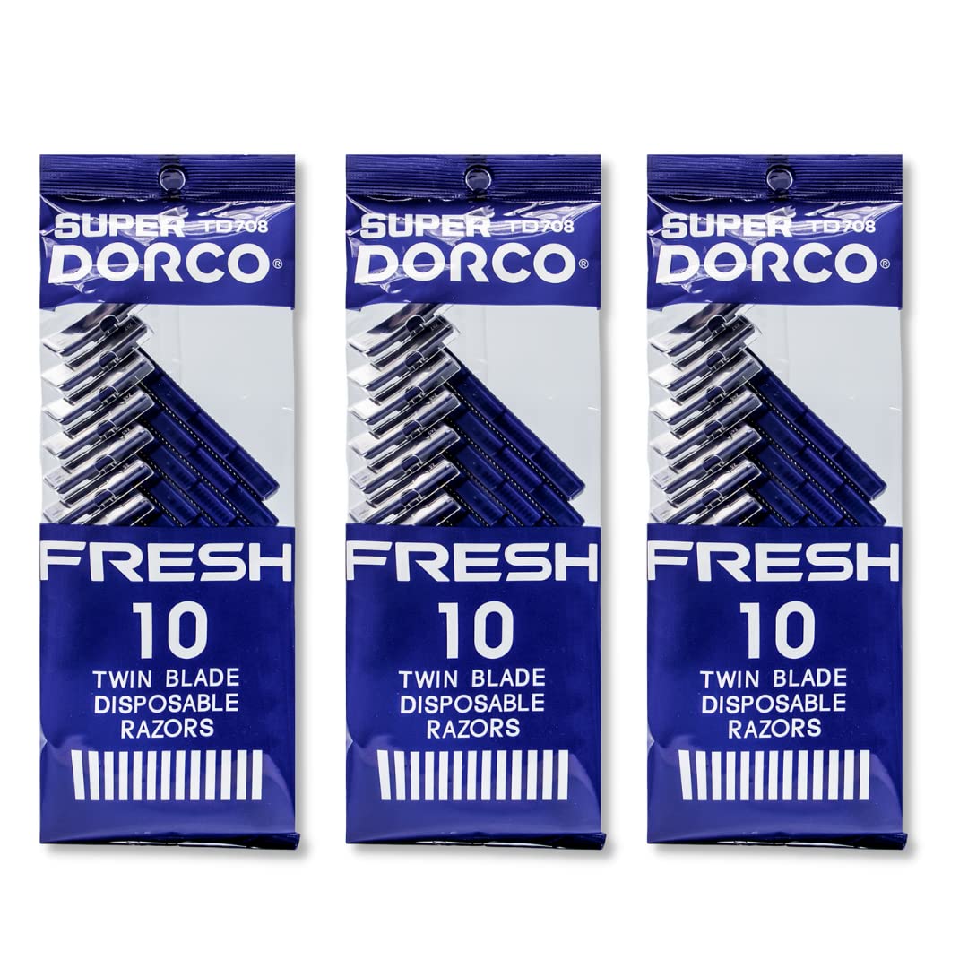Dorco Fresh Twin Blade Razors Pack Front enables quick daily shaves with a bulk supply.