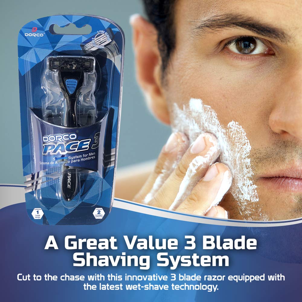 Dorco Pace 3 docking system showing cartridge-handle compatibility for easy customization.