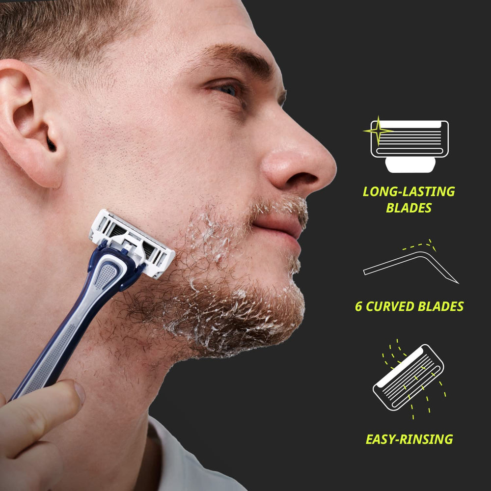 Dorco Pace 6 Plus curved blades follow contours for gentler shaving.