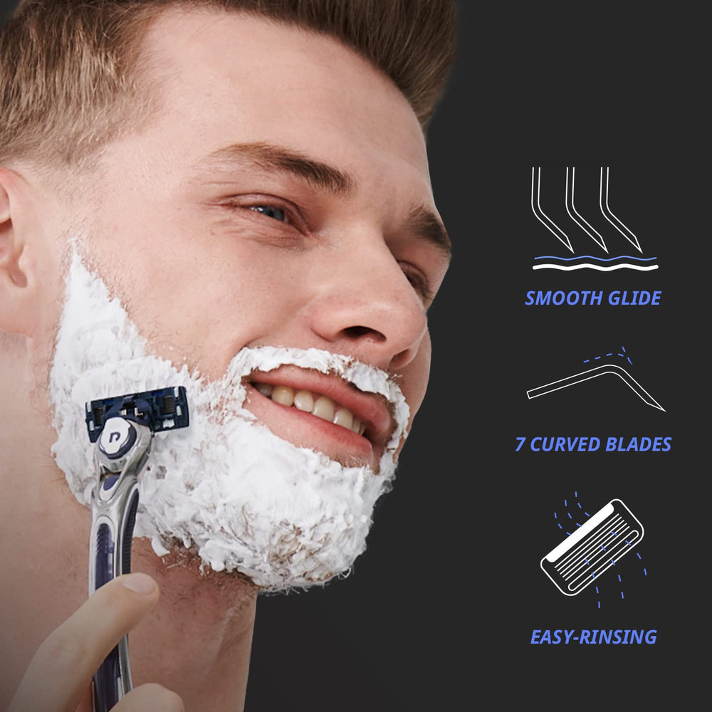 Dorco Pace 7 curved blades in close-up align with facial contours.