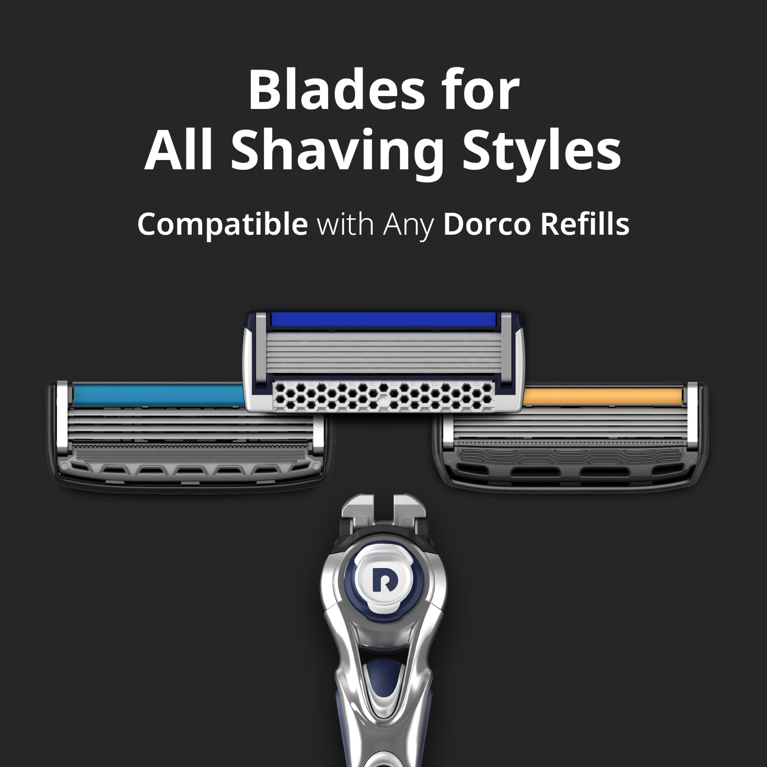 Dorco Pace 7 interchangeable heads demonstrating cross-compatibility with handles.