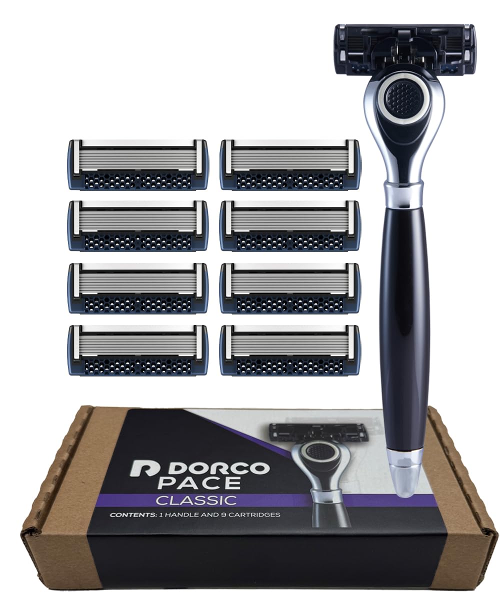 Dorco Pace Classic handle closeup shows ergonomic grip for comfortable control.