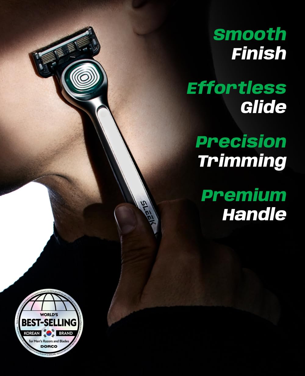 DORCO SLEEK razor head close-up highlights Multi-Flex contouring for smooth passes.