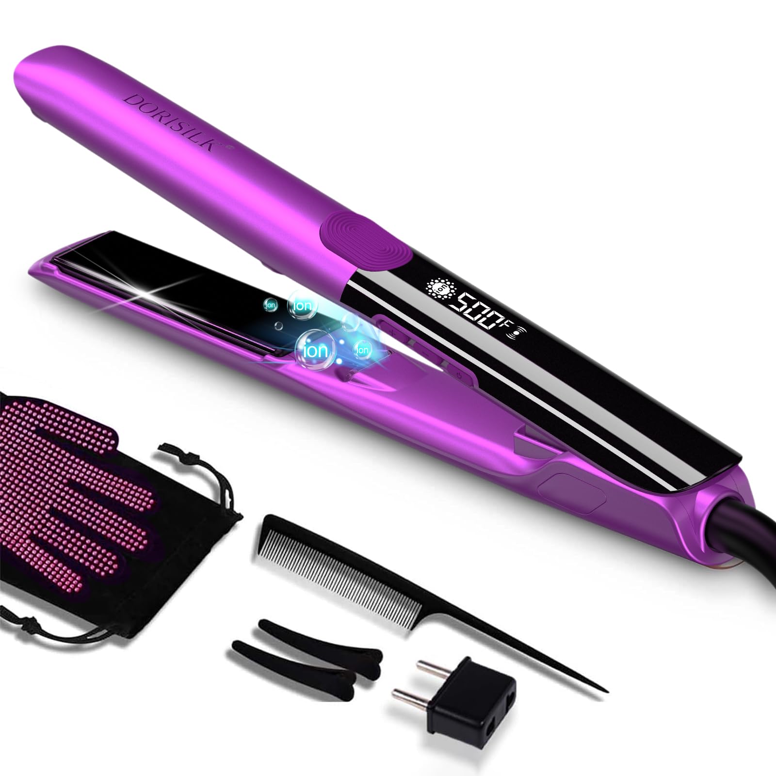 DORISILK 500-degree flat iron heat-up highlights fast, salon-grade styling on all hair types.