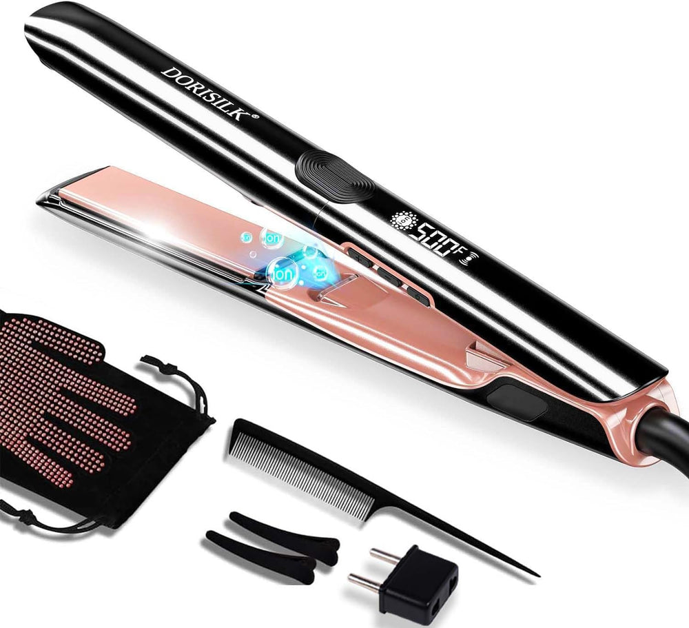DORISILK 500°F flat iron close-up showing ceramic plates for smooth styling