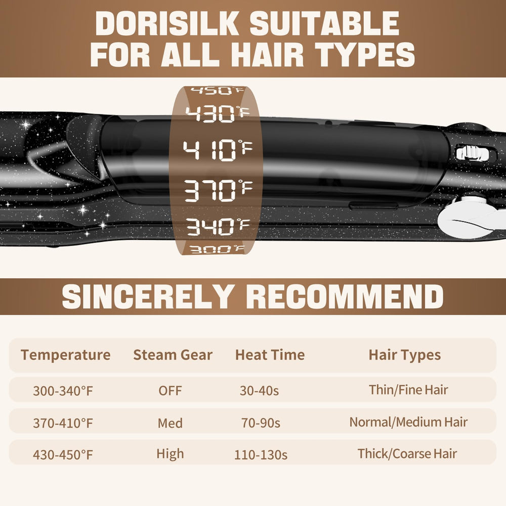 DORISILK digital LED temperature dial enables precise heat settings.