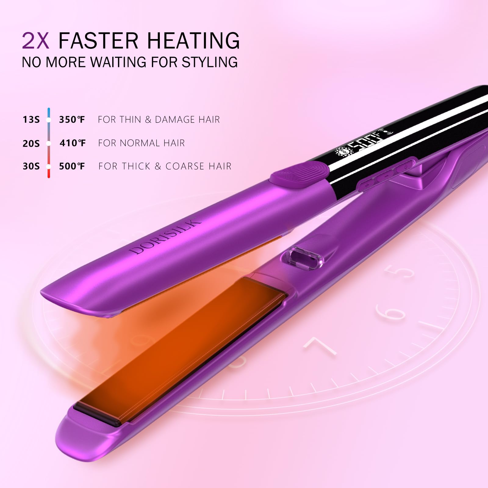 DORISILK plasma-flat iron offers frizz-control for smoother, shinier hair.