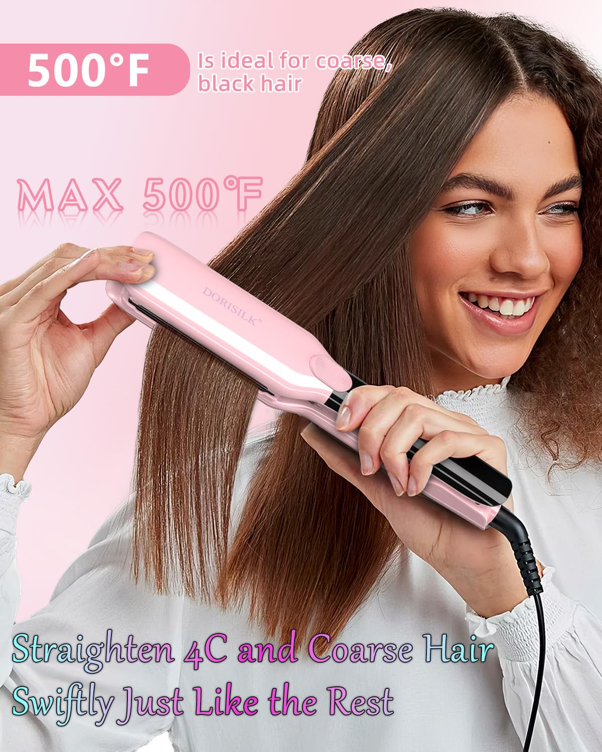 DORISILK plasma flat iron side view with pink finish and comfortable grip