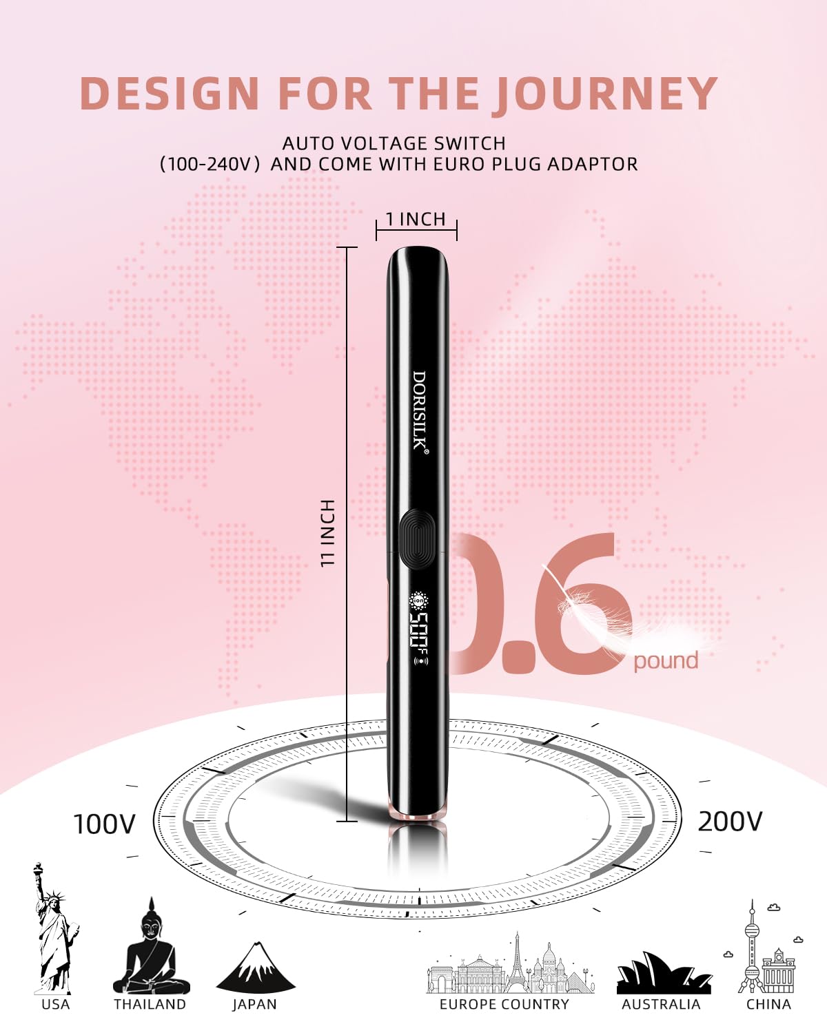 DORISILK dual voltage design is travel-ready for worldwide use