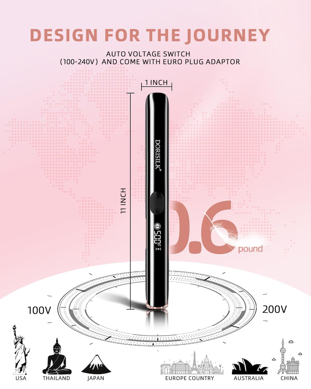 DORISILK dual voltage design is travel-ready for worldwide use