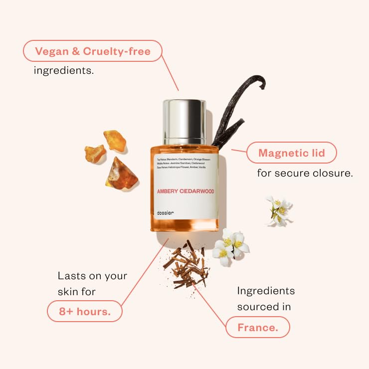 Dossier Ambery Cedarwood close-up cap showcases vegan, paraben-free luxury packaging.