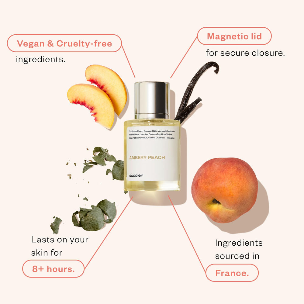 Dossier Ambery Peach amber note glow evokes warm evening allure.