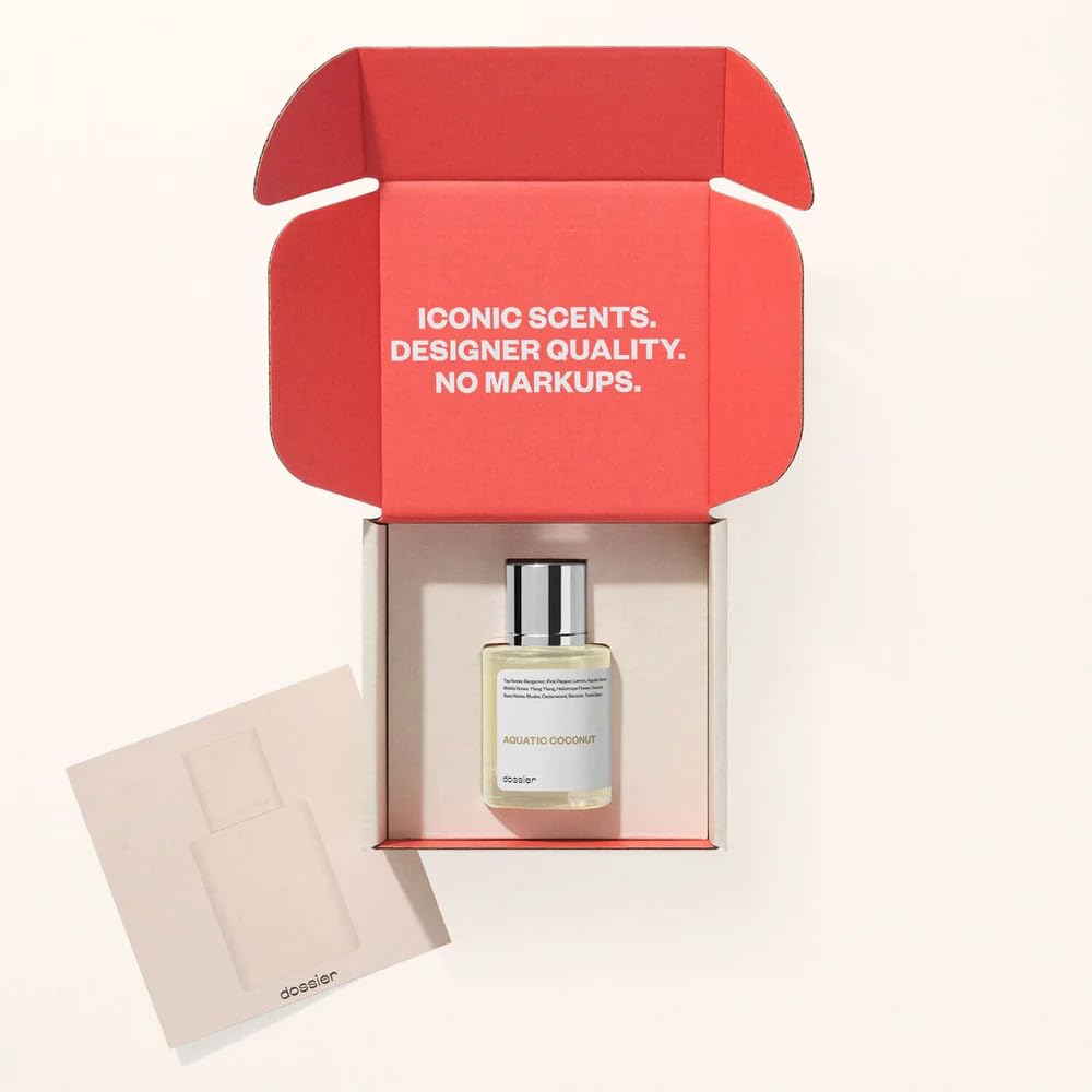 Dossier Aquatic Coconut beach-scene image evokes summer vibes and unisex fragrance appeal.