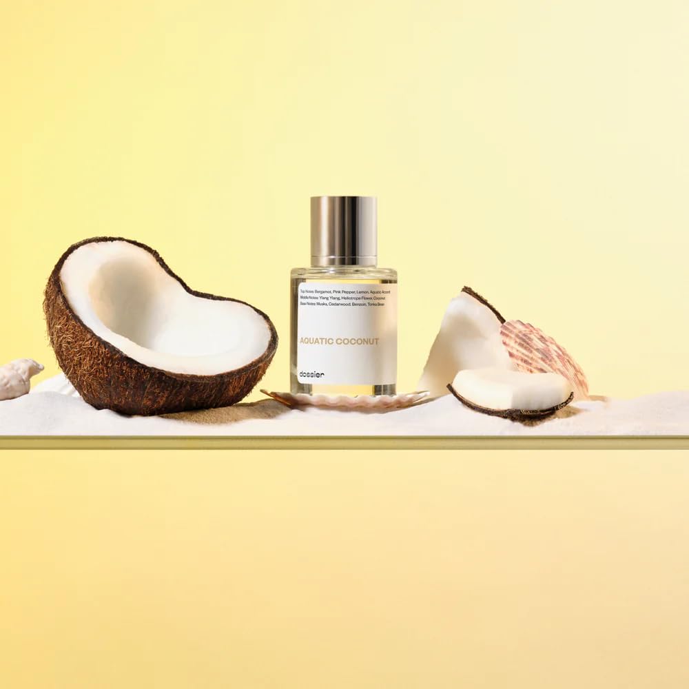Dossier Aquatic Coconut packaging stresses vegan, parabens-free promise for ethical beauty lovers.