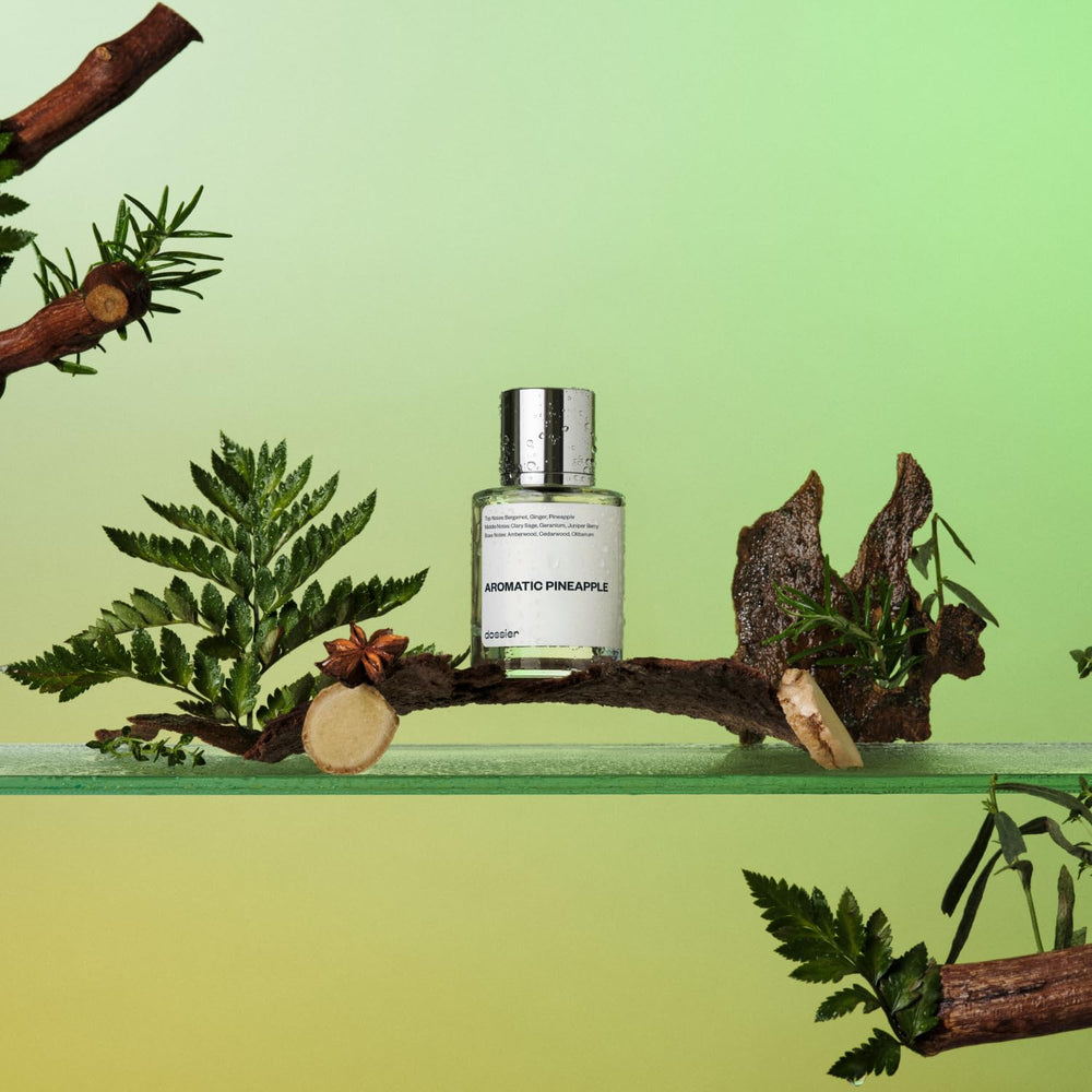 Dossier Aromatic Pineapple label detail emphasizes vegan, paraben-free formulation