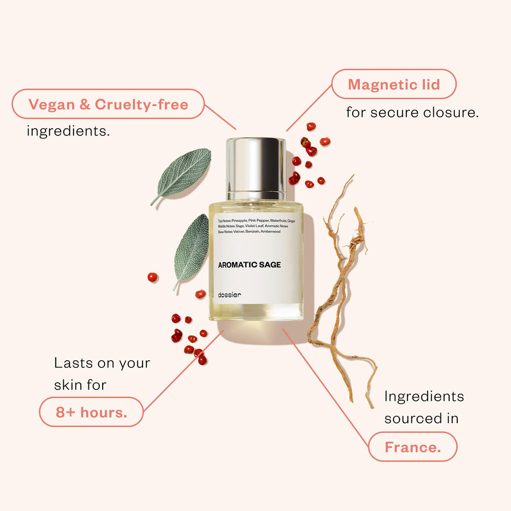 Dossier Aromatic Sage cap closeup highlights premium finish for confident evenings