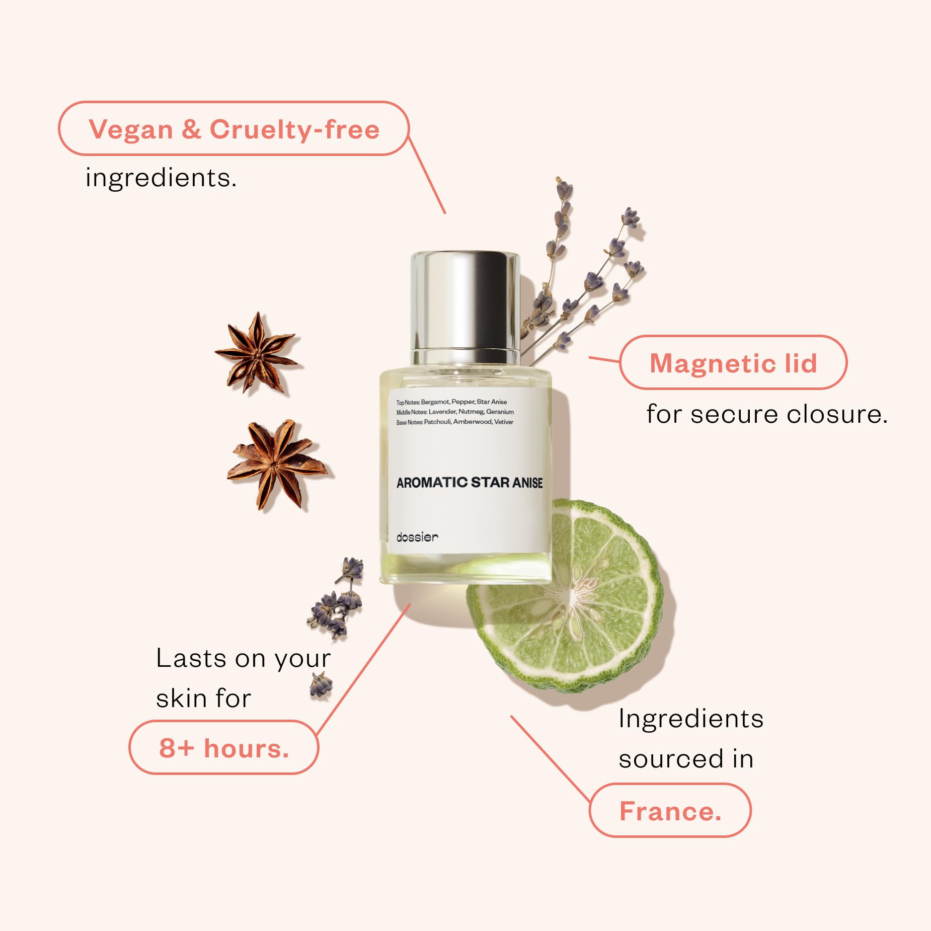 Dossier Aromatic Star Anise cap closeup conveys luxury packaging.