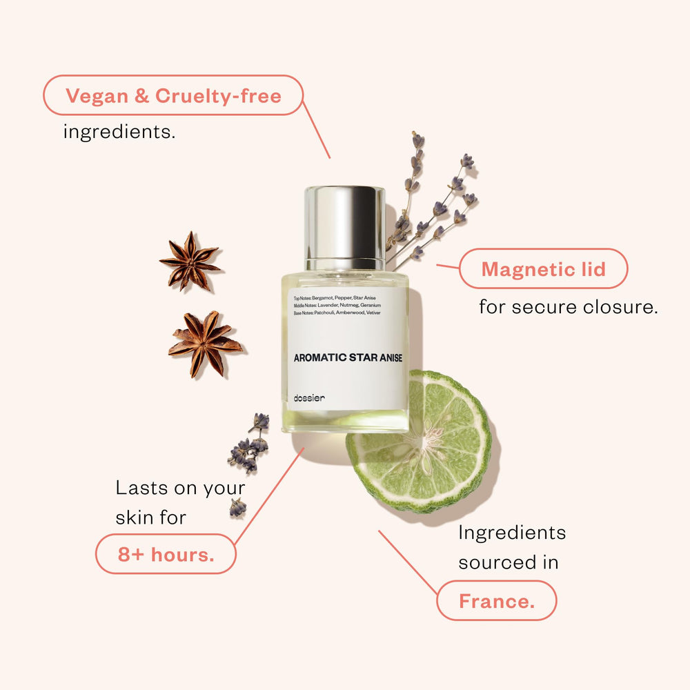 Dossier Aromatic Star Anise cap closeup conveys luxury packaging.
