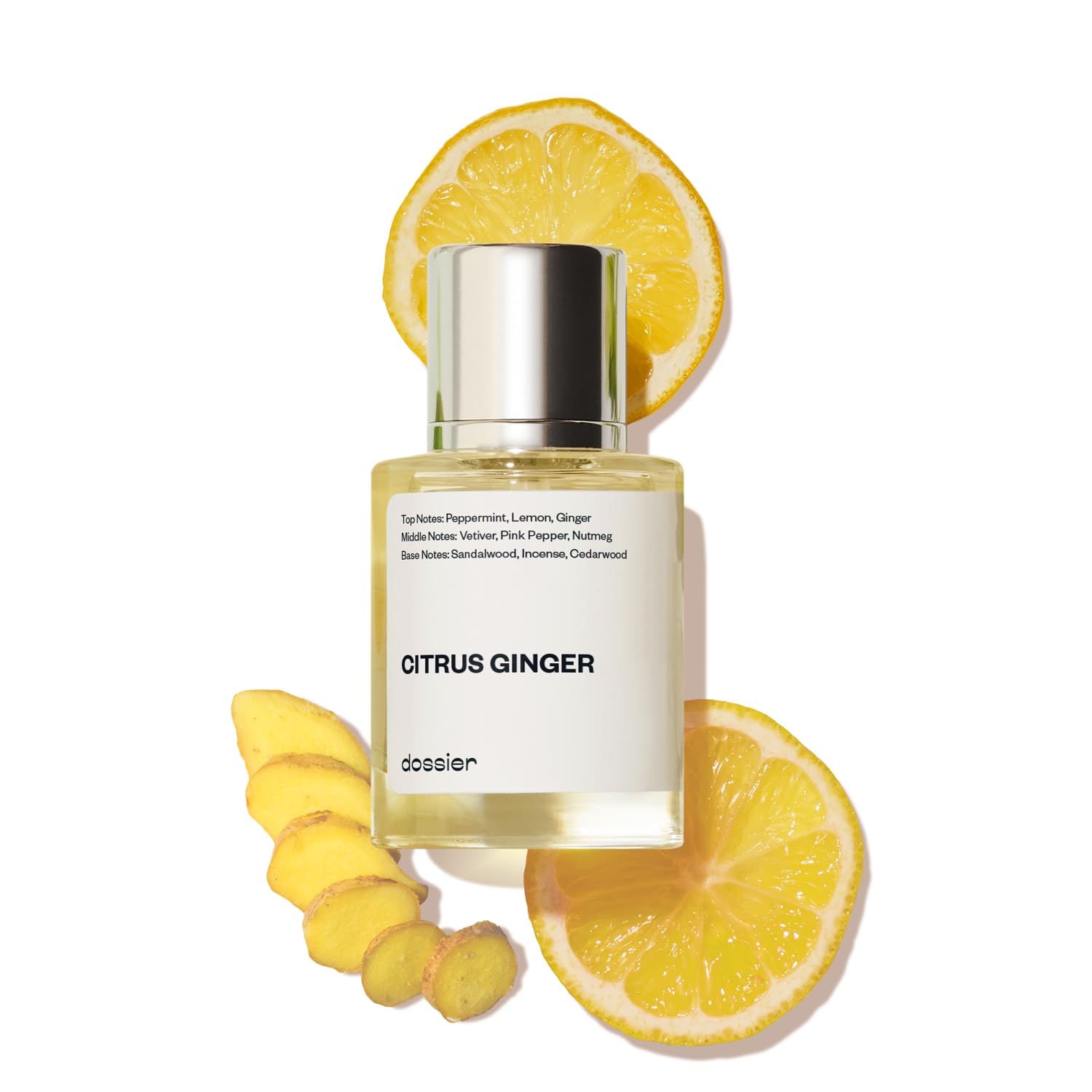 Dossier Citrus Ginger bottle on wood, presenting refined masculinity and versatile aroma.