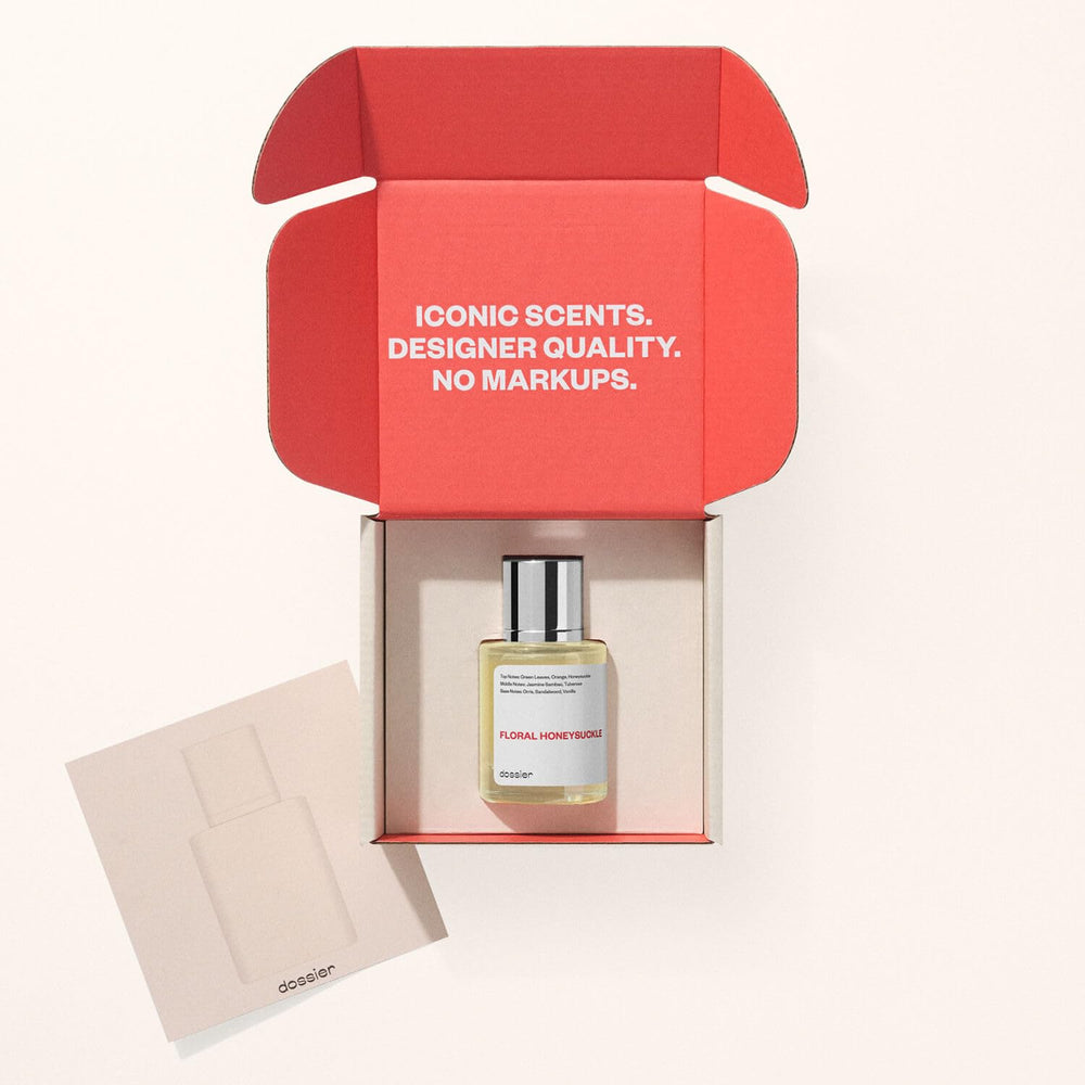Dossier Floral Honeysuckle packaging box underscores accessible luxury and vegan formula.