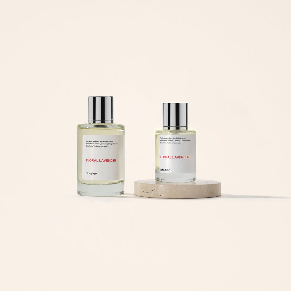 Dossier Floral Lavender wooden background conveys warm base of musk amber vanilla