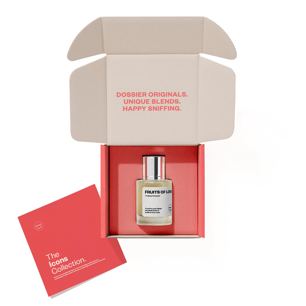 Dossier Fruits of Love cruelty-free label indicating clean, ethical fragrance.