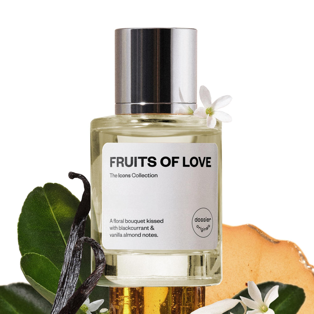 Dossier Fruits of Love rose heart notes featuring rose and plum for romantic floral core.