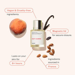 Dossier Fruity Almond bottle close-up highlights jasmine and almond notes.