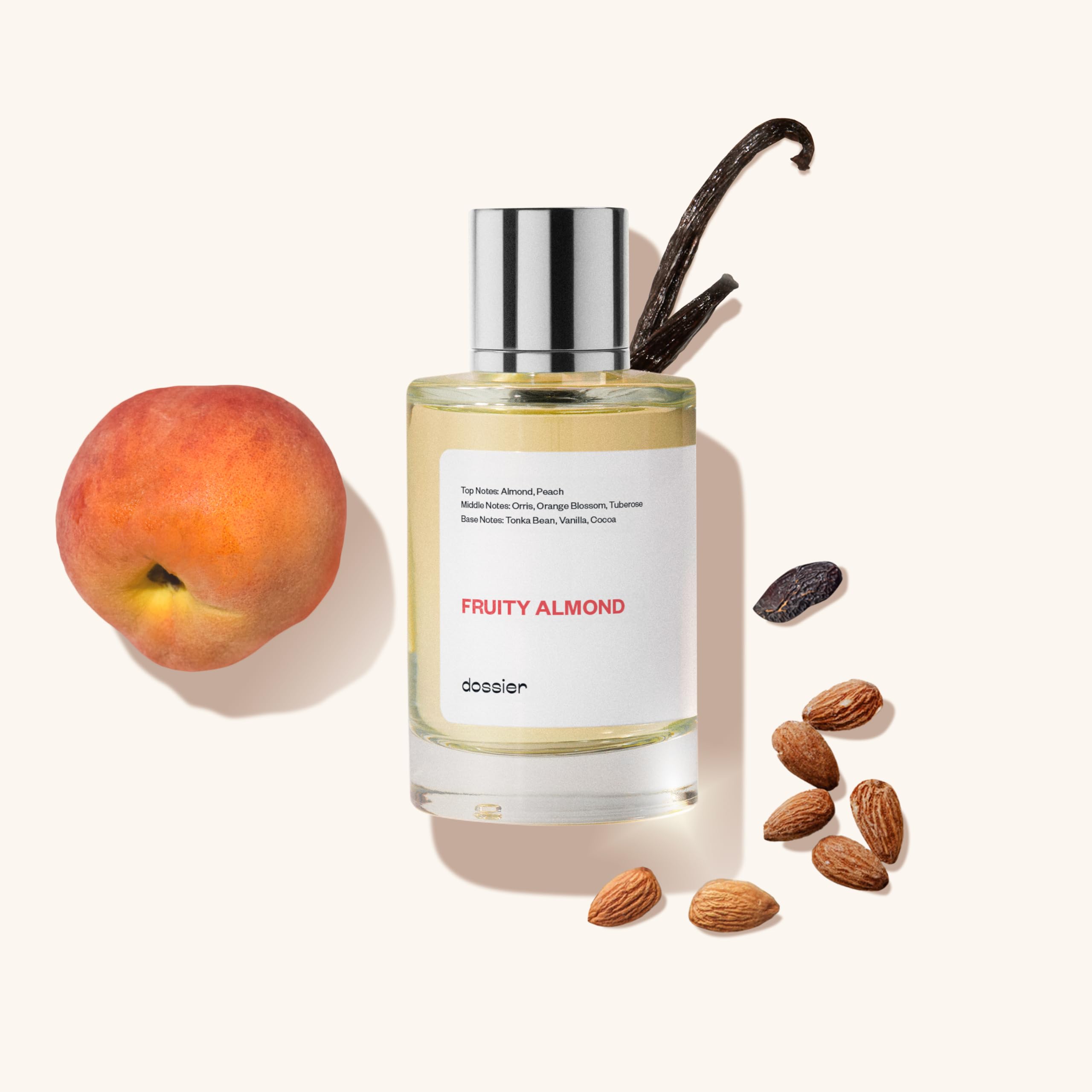 Dossier Fruity Almond label shows Grasse-inspired quality and premium branding.