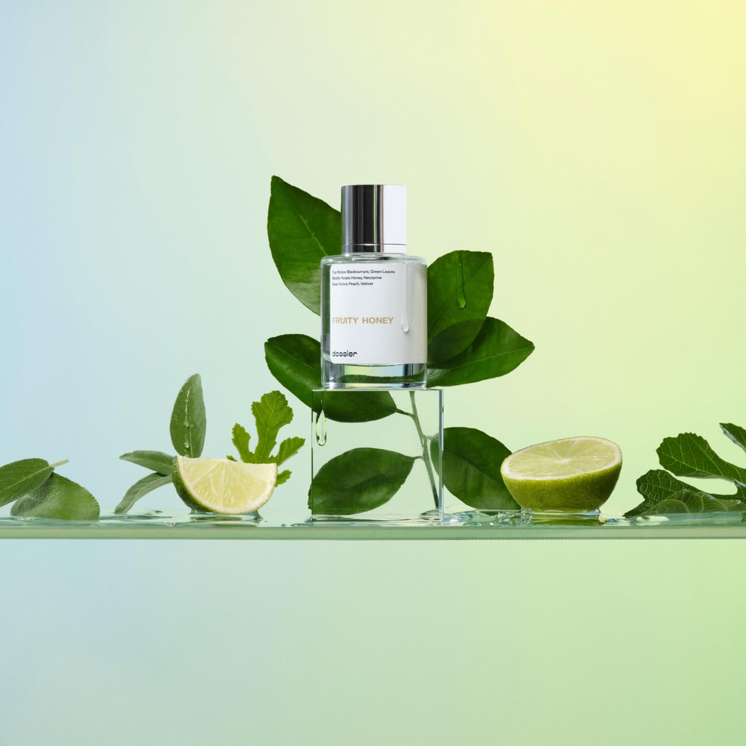 Dossier Fruity Honey packaging box highlights vegan, paraben-free fragrance promise.
