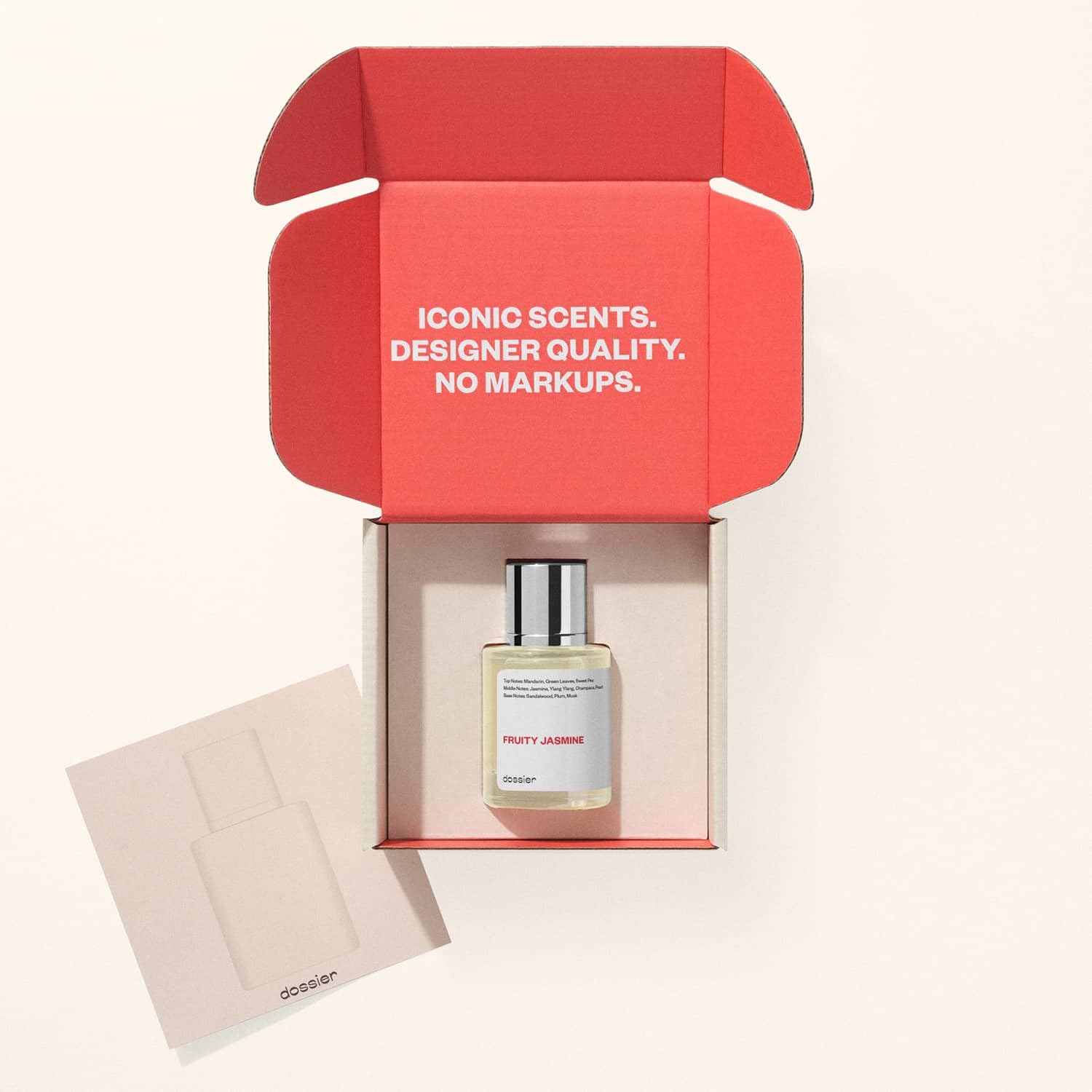 Dossier Fruity Jasmine packaging box communicates vegan, paraben-free fragrance with ethical sourcing.