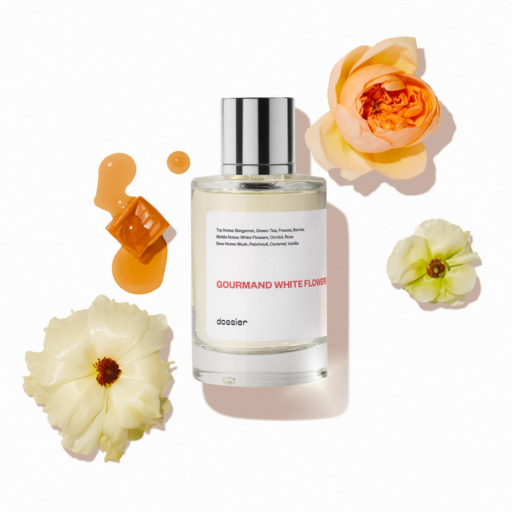 Dossier Gourmand White Flowers bottle front view for daily wear.