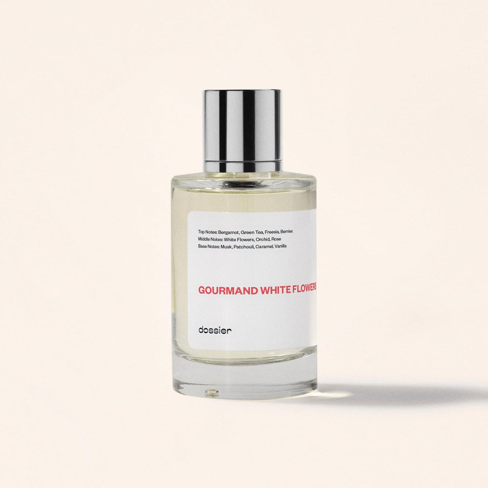 Dossier Gourmand White Flowers packaging emphasizes gift-ready presentation.