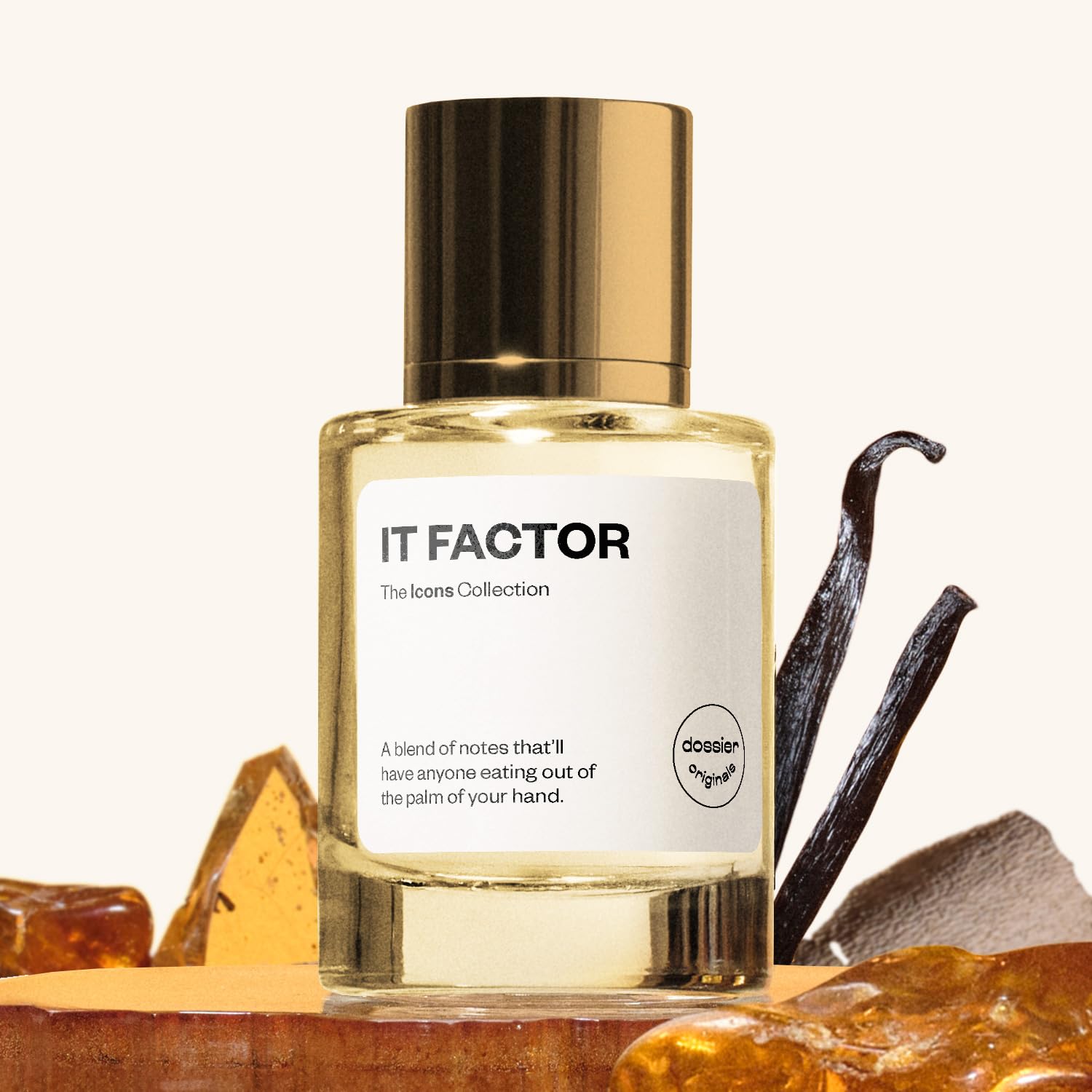 Dossier It Factor bottle closeup shows label detail and premium appeal.