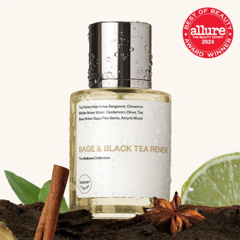 Dossier Original Sage and Black Tea Renew close-up notes highlighting woody base for daily wear