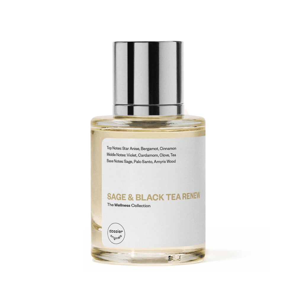 Dossier Original Sage and Black Tea Renew bottle beside tea leaves for lifestyle context