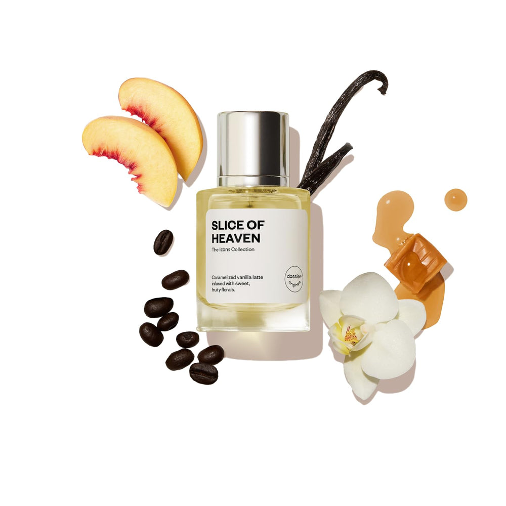 Dossier Slice of Heaven close-up notes showing peach vanilla jasmine