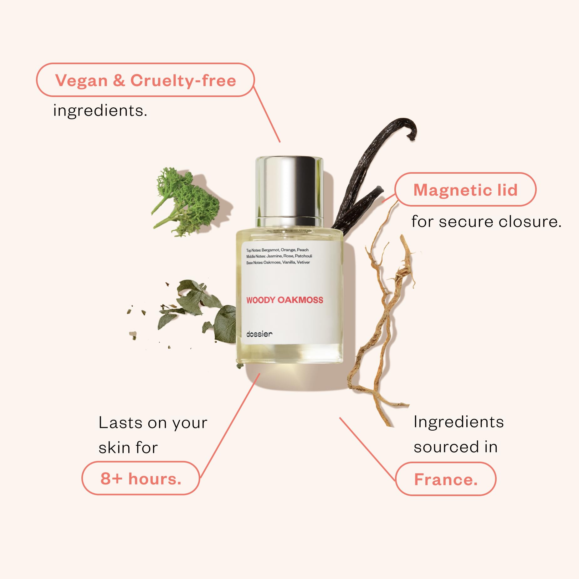 Dossier Woody Oakmoss bottle closeup reveals top-note hints of bergamot and peach