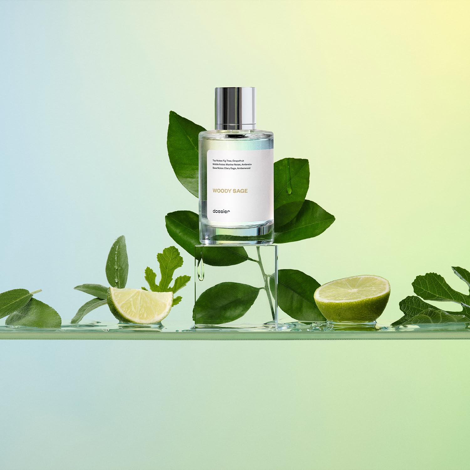 Dossier Woody Sage bottle angle highlights unisex design.