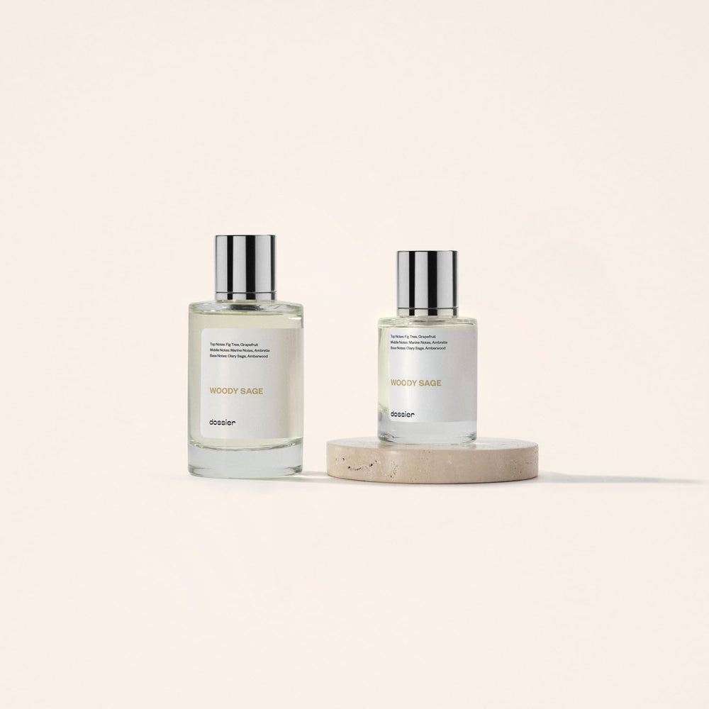 Dossier Woody Sage fragrance flacon on display.