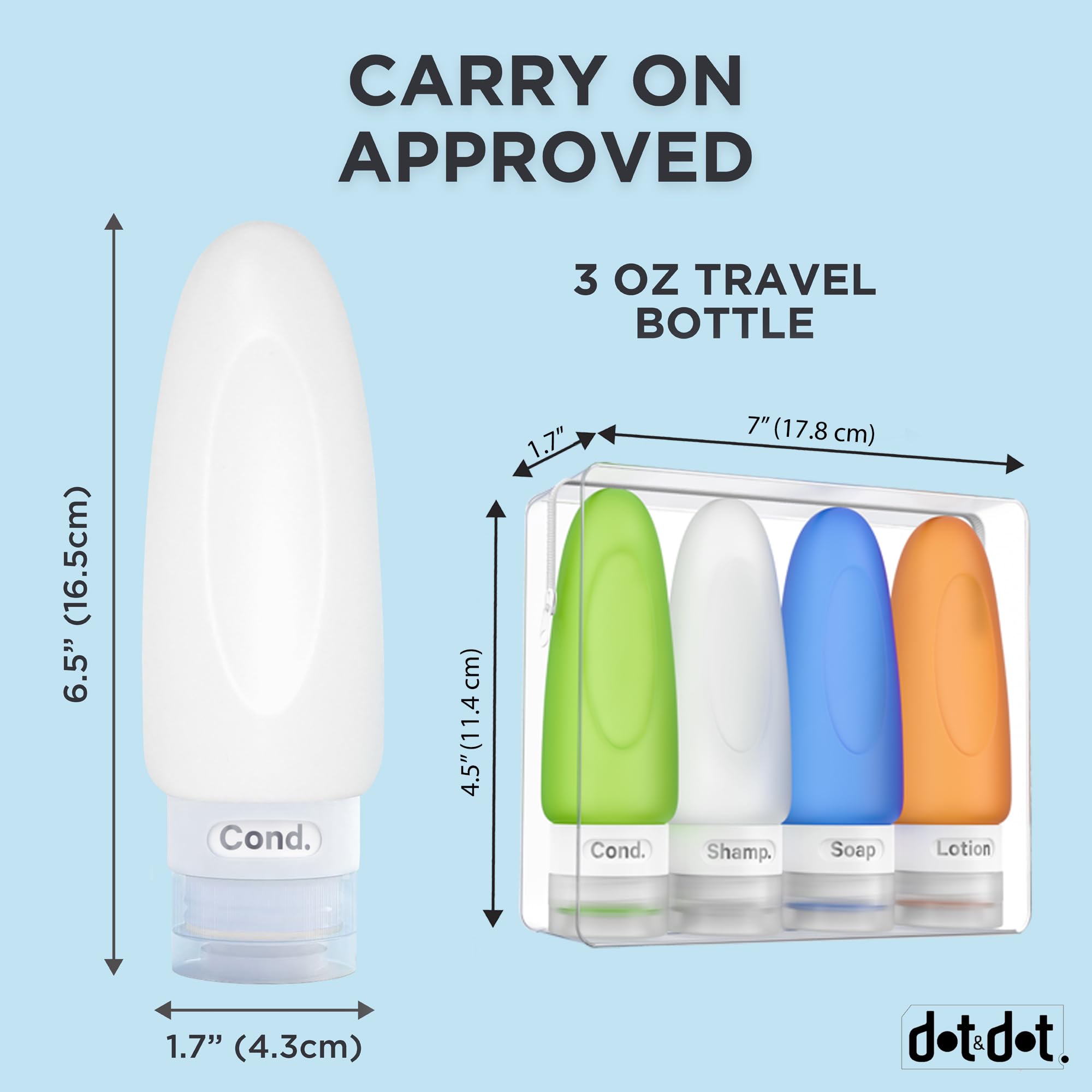 Dot&Dot bottles in white blue green orange for easy liquid sorting.