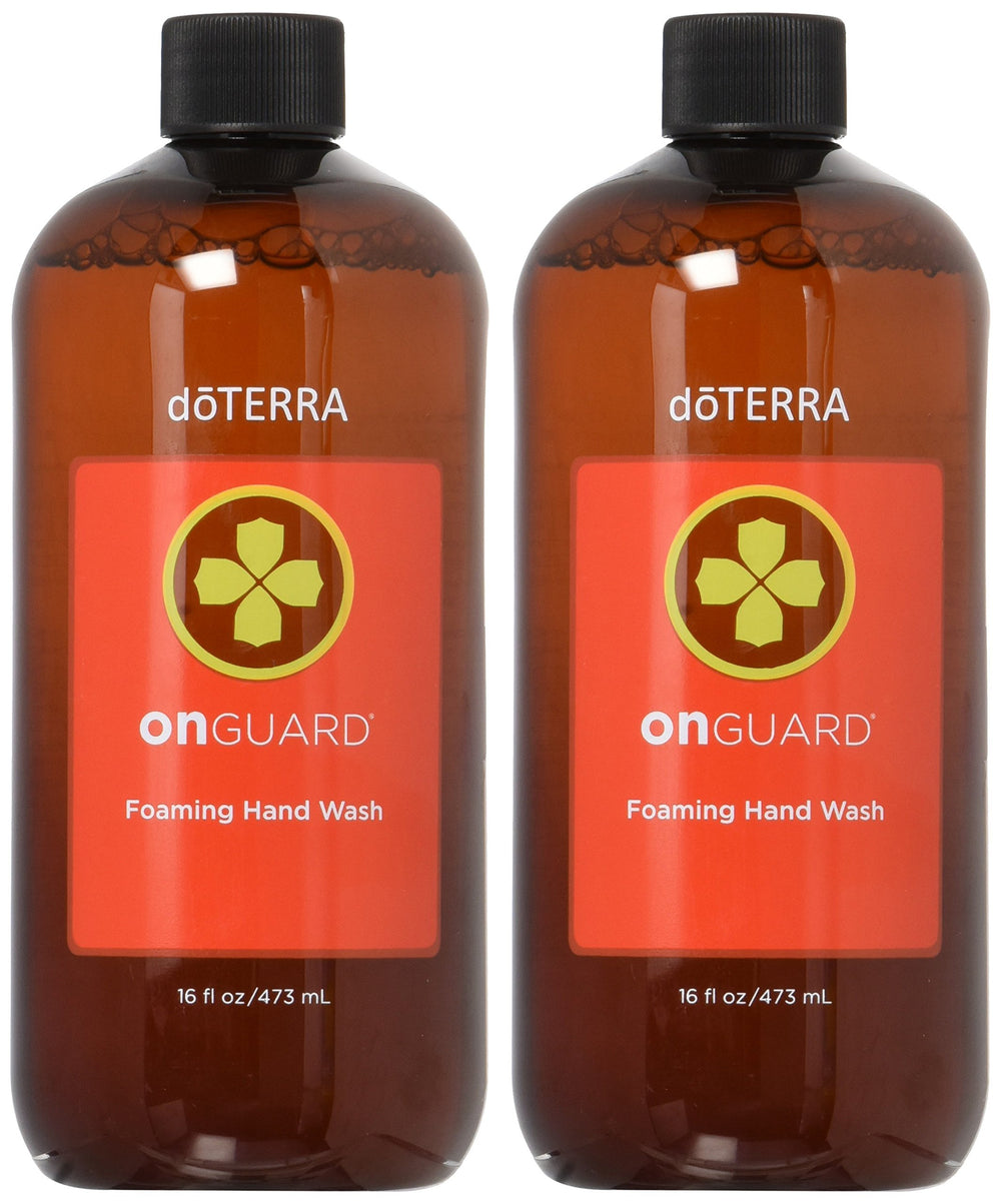 doTERRA On Guard foaming hand wash bottle shows gentle cleansing for sensitive skin