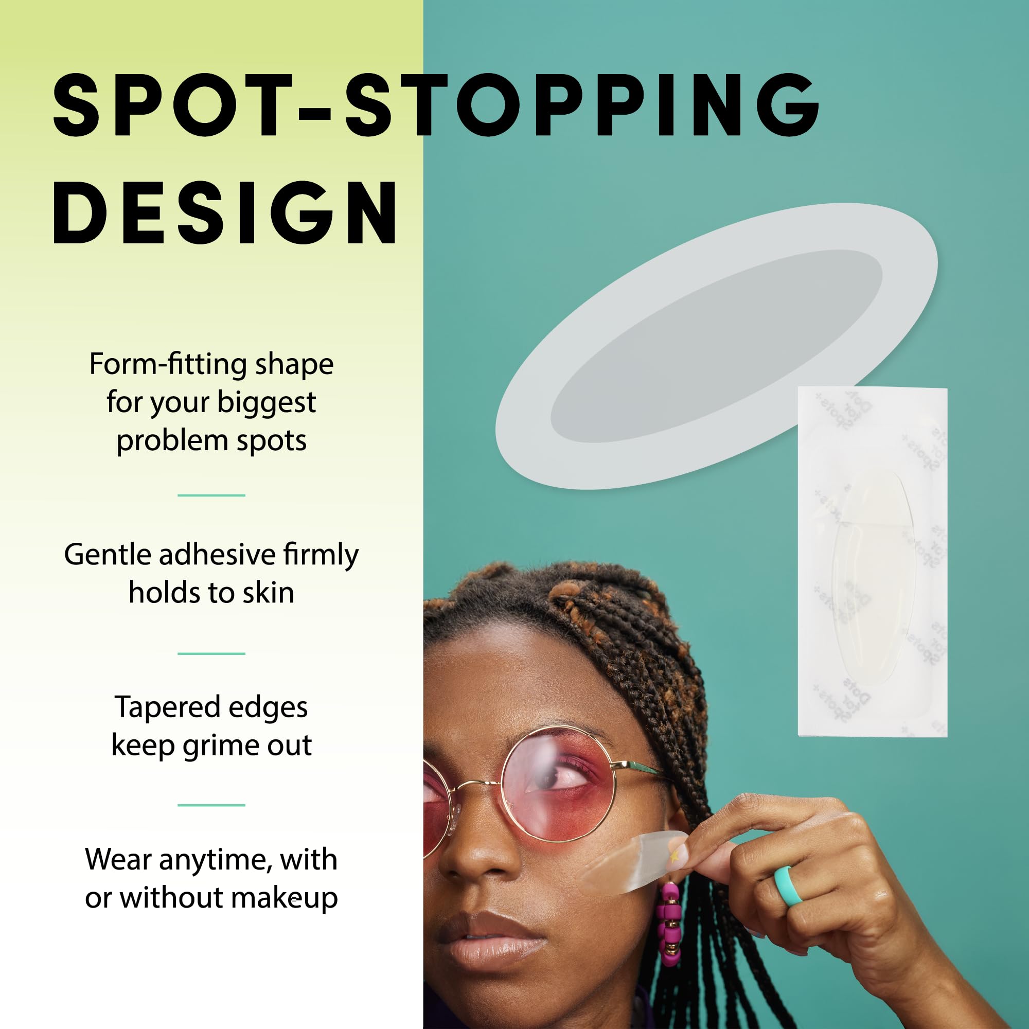 Dots for Spots packaging photo highlights vegan, fragrance-free formula and Korean-made quality.