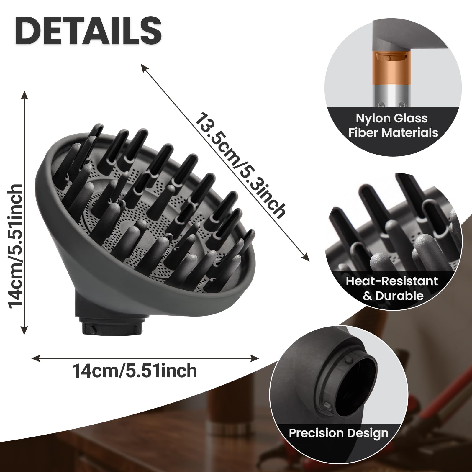 Dotspun diffuser heat-resistant nylon fiber protects hair during rapid drying.
