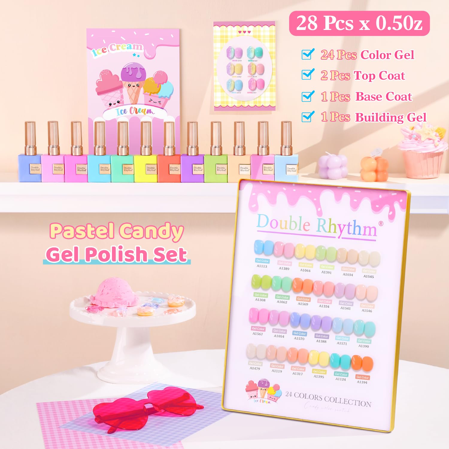 Double Rhythm 28-piece gel polish set arranged by color family for easy matching.