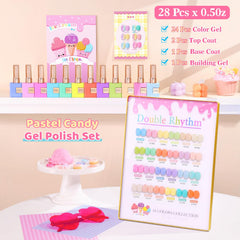 Double Rhythm 28-piece gel polish set arranged by color family for easy matching.